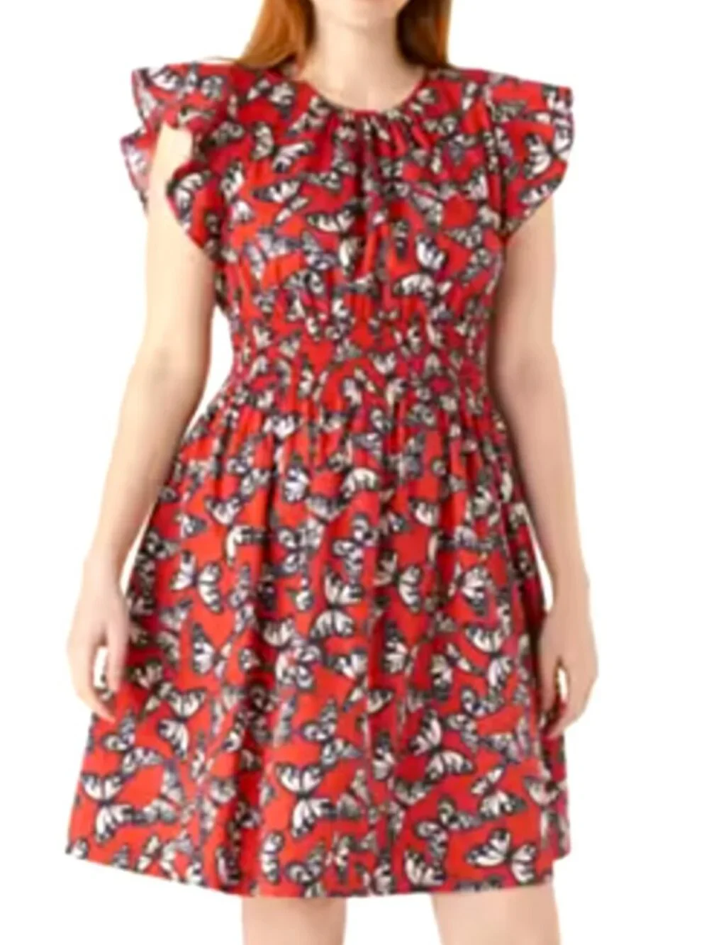 Kate Spade XL Dress Red Butterfly 🦋 Print Blake Flutter Sleeves Smocked Waist